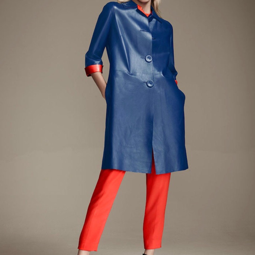 Escada Blue & Red Lambskin Leather Coat